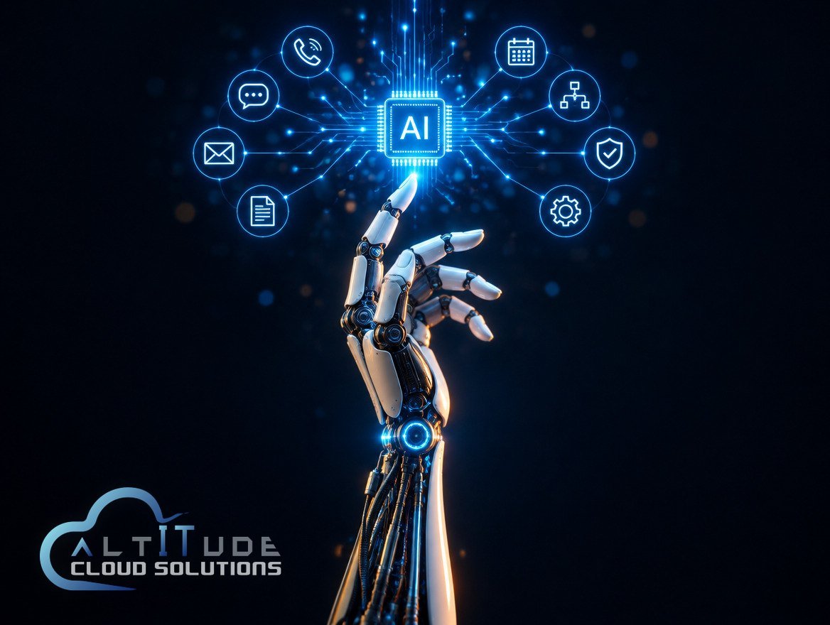 Robot hand reaching up to a glowing AI chip connected to calls, chat, email, documents, calendars, workflows and security, with the Altitude Cloud Solutions logo