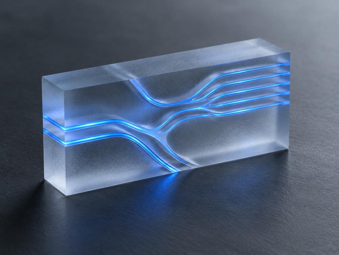 Glass block with branching channels of light