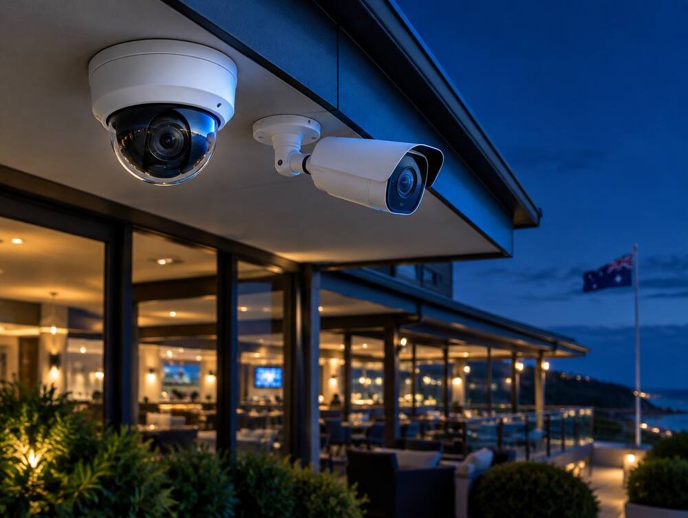Security cameras mounted on a commercial building at dusk