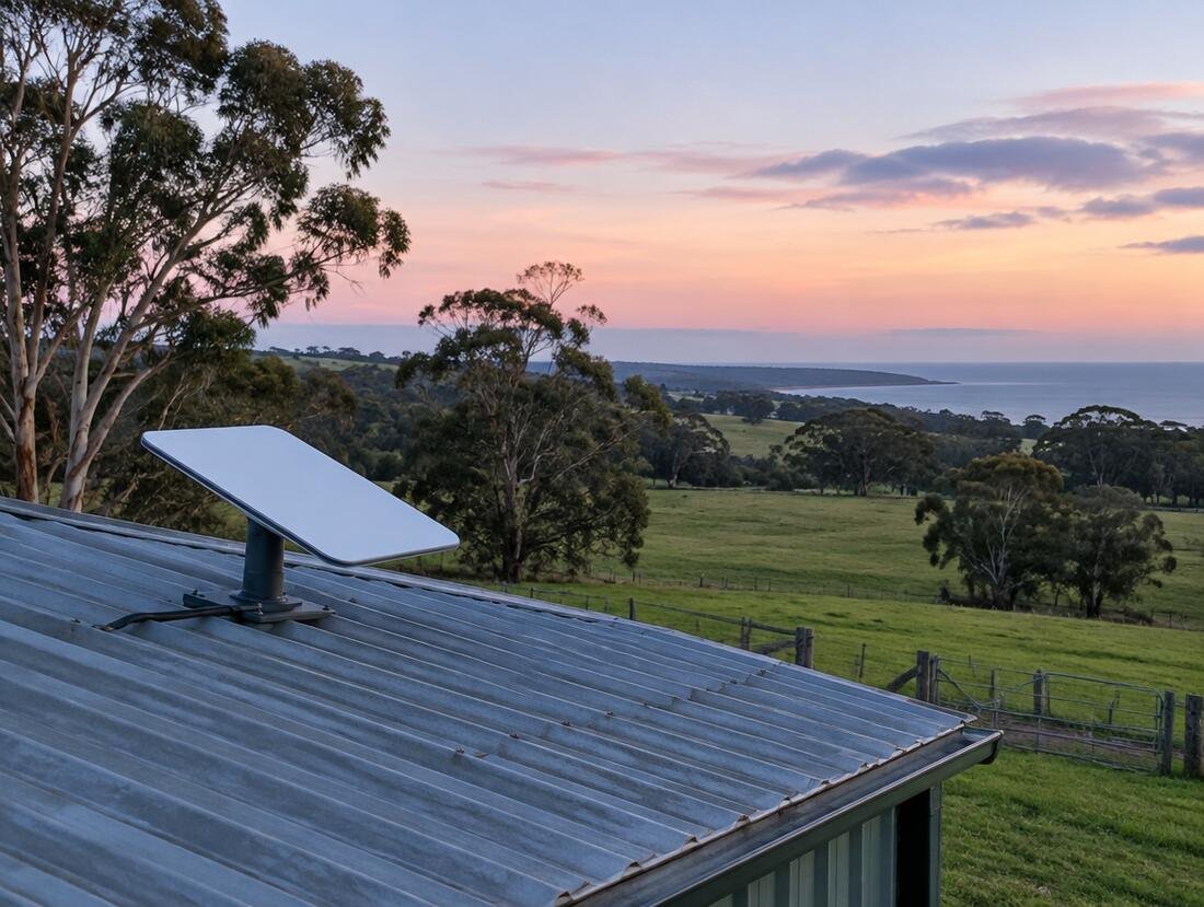 Satellite internet dish on a rural shed roof at dusk
