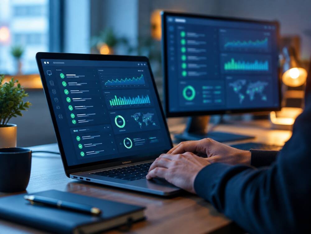 IT technician reviewing a remote monitoring dashboard