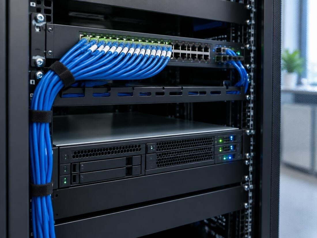 Network switch and server with tidy cabling