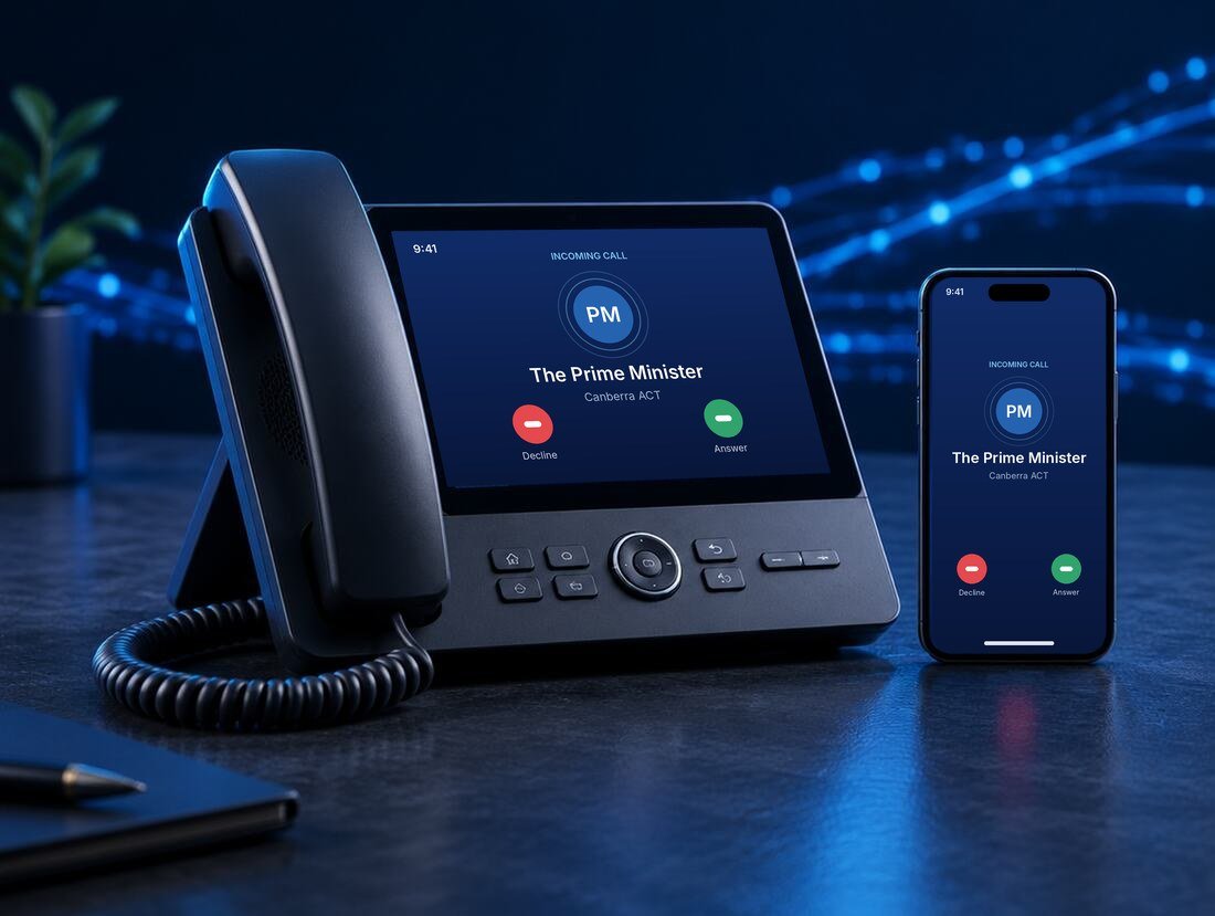 Business IP desk phone and smartphone running a calling app