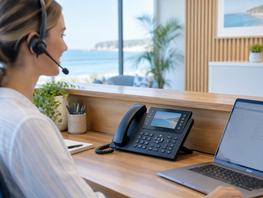 Receptionist wearing a headset beside a business desk phone