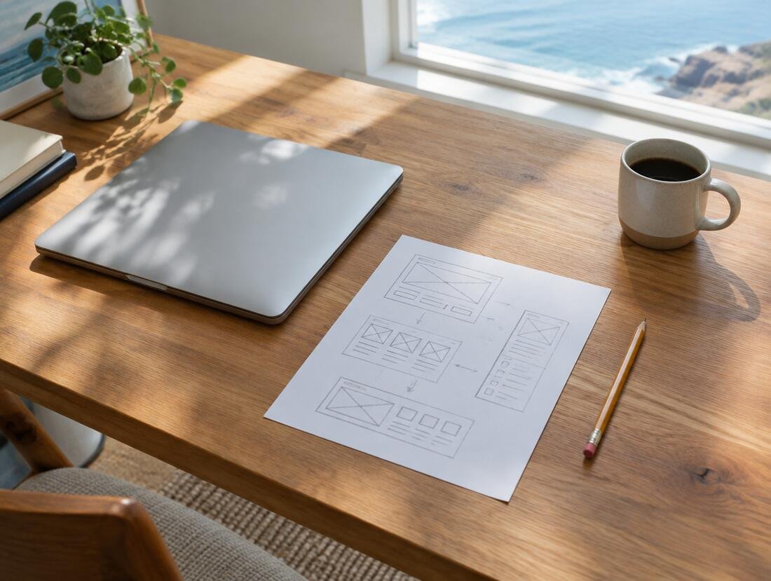 Website wireframes sketched on paper next to a laptop
